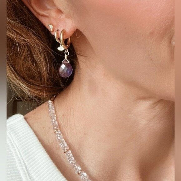 Genuine Amethyst Dangle Earrings 18K Gold Huggies Waterproof & Hypoallergenic - Picture 4 of 7